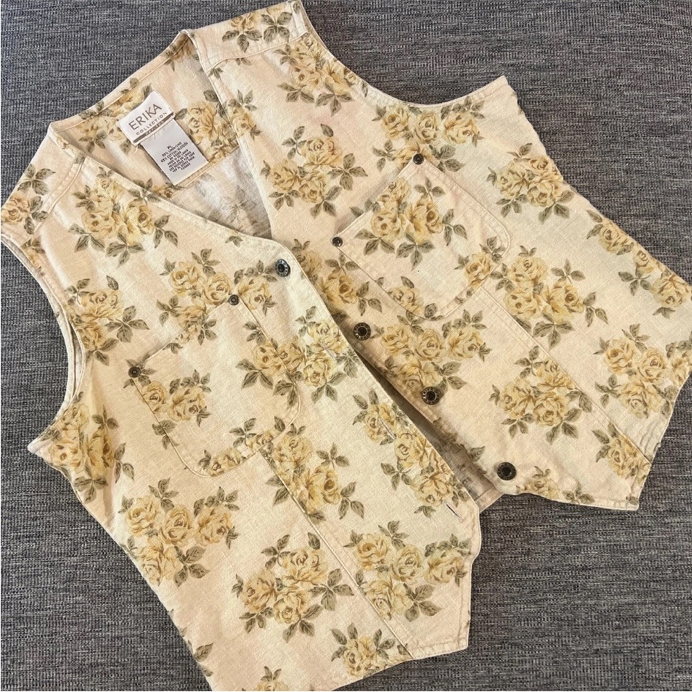Vintage Erika Co Collection Linen Floral Vest Boho Country Fits Many Cottagecore